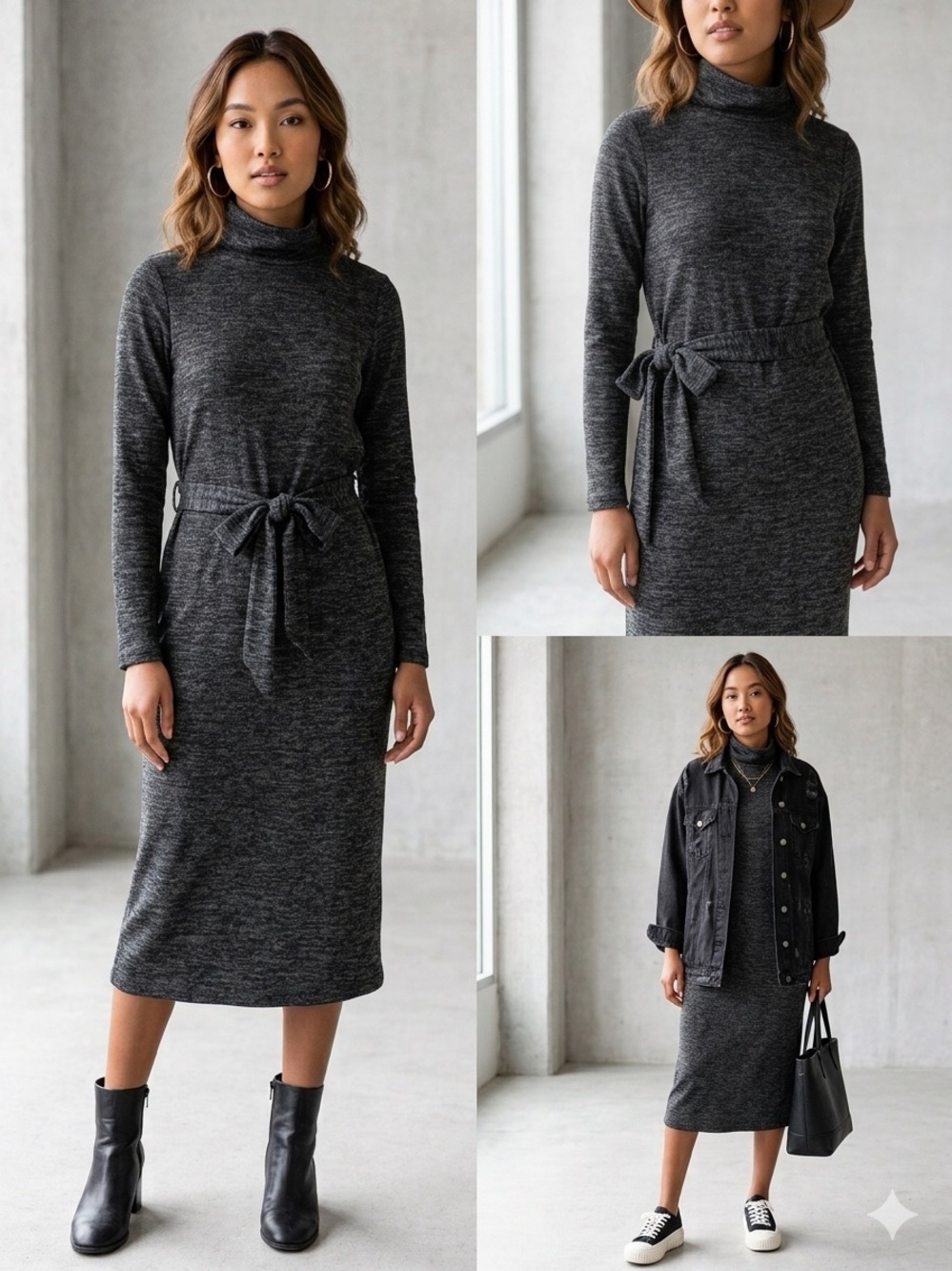 Kim Rogers Black & Gray Heather Turtleneck Midi Sweater Dress with Tie Belt